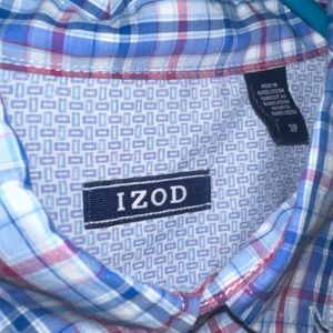 IZOD button down, blue and red plaid shirt.